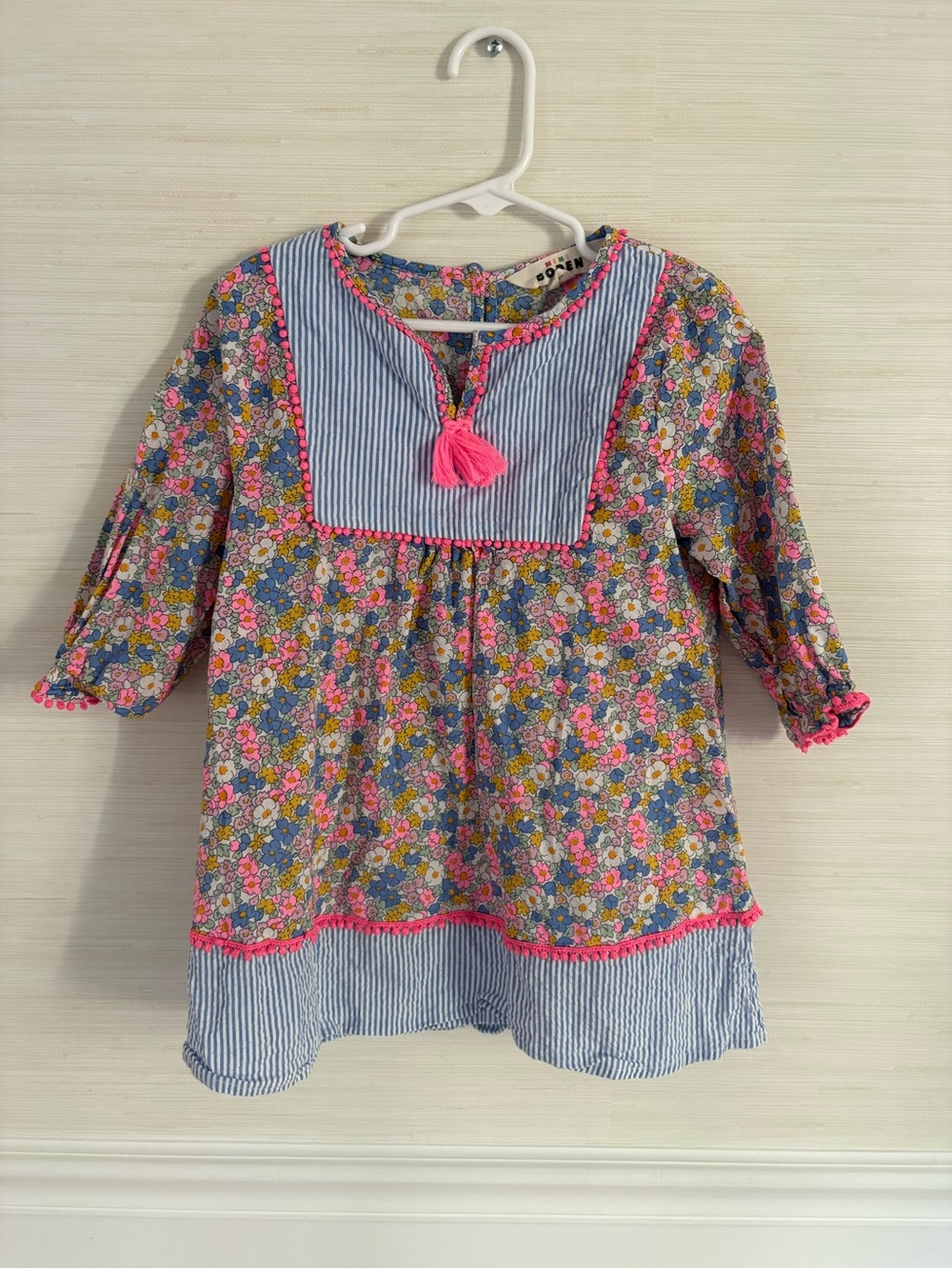 Mini Boden Pink Floral & Blue Stripe Tassel Tunic